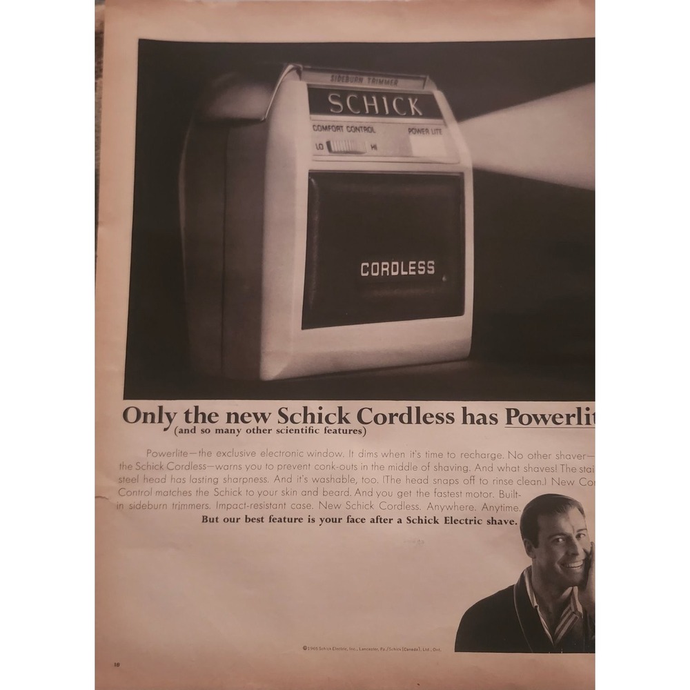SCHICK Cordless Shaver Magazine Ad 1965 Powerlite Mid-Century Modern 10x13